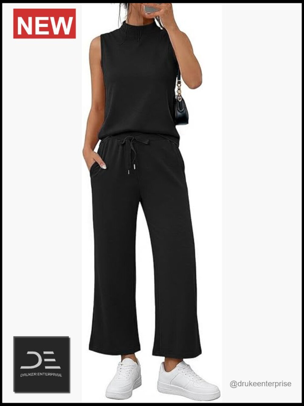 2 Piece Sleeveless Mock Neck Lounge Set Wide Leg Crop Pants Travel Outfit